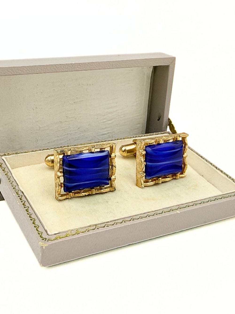 MCM Blue Banded Stripes Blue Glass Textured Rectangular Statement Cufflinks